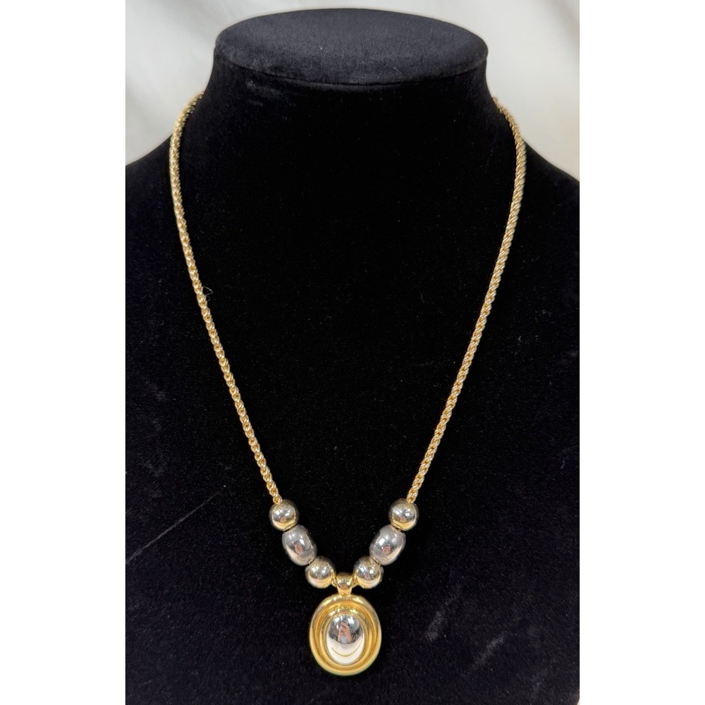 VTG Monet Two Tone Gold Silver Pendant Necklace Signed Oval Beaded 20"